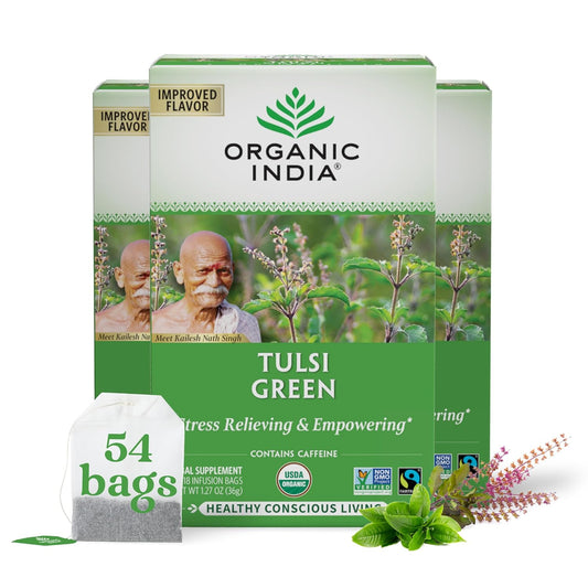 ORGANIC INDIA Tulsi Green Tea Bags - Holy Basil Tea, African Basil, Stress Relieving, Immune Support, USDA Certified Organic, Premium Darjeeling Green Tea, Caffeinated - 18 Infusion Bags, 3 Pack