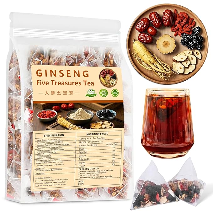 Kidney tea formula Ginseng Six Treasure Tea,Chinese Herbal Tea,Natural Organic Kidney Cleanse Detox Tea for Women & Men (1 Pack/25 Bags)