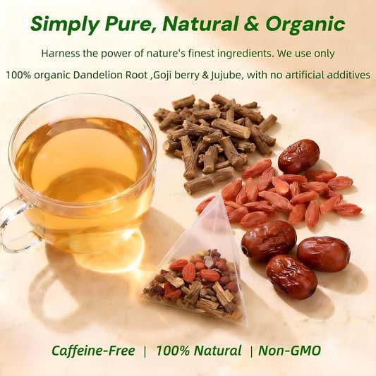 Eastrue Dandelion Root Tea Blend Goji berry & Jujube - 6g x 30 Teabags | Detox Tea for Kidney & Liver cleanse -Dandelion Herbal Tea for Digestion & Immunity,Caffeine Free,Organic
