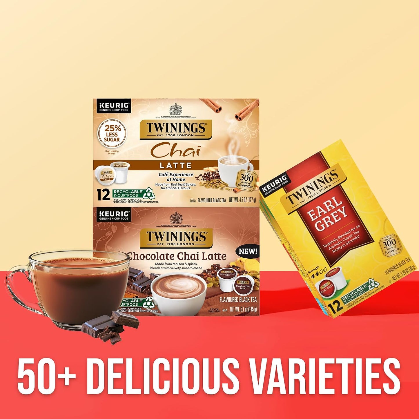 Twinings Chocolate Chai Latte Spiced Tea K-Cups, Keurig 10 CT Box (6 Pack) | Café Style, Velvety Smooth Cocoa, Real Spiced Tea, Naturally Caffeinated, 60 Pods for Single Serve Brewers, Enjoy Hot or Iced
