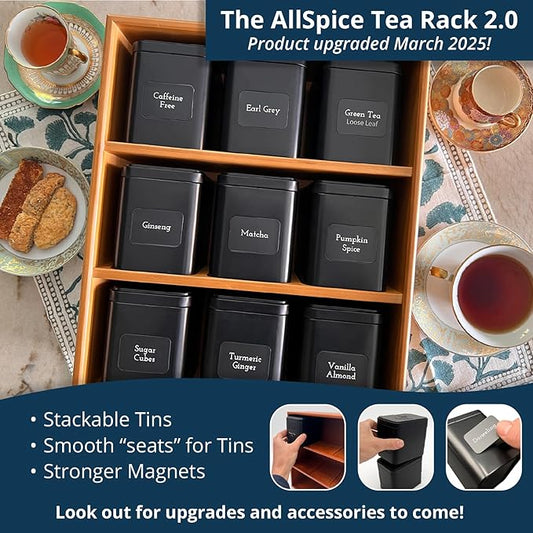 AllSpice Tea Organizer Rack with 9 Tins & 160 Magnetic Labels – Perfect for Bagged & Loose Leaf Tea Organization - Cherry