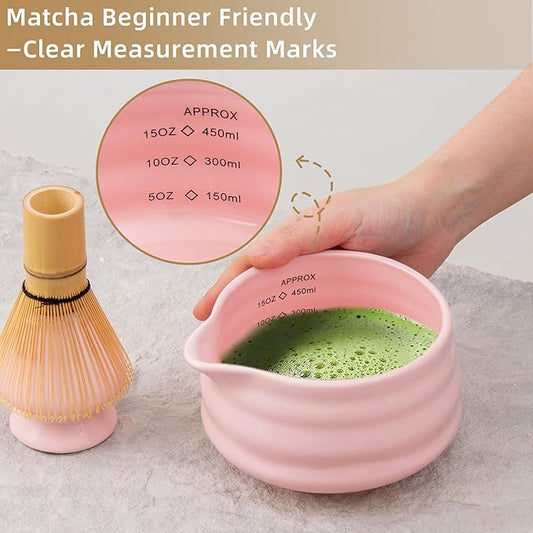 2pcs Matcha Bowl with Whisk Holder, Ceramic Pink Matcha Bowl with Spout, 16.5OZ Porcelain Bowl with Measurement Marks