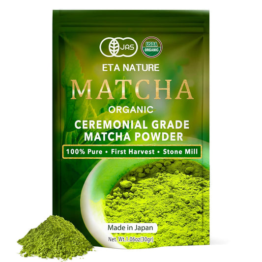 ETANATURE Premium Ceremonial Grade Matcha Powder - Matcha Green Tea Powder for Metabolism, Brain and Sleep - JAS Certified Matcha Grade from Japan Kagoshima Farms 30 Servings - Ceremonial Tea 30g
