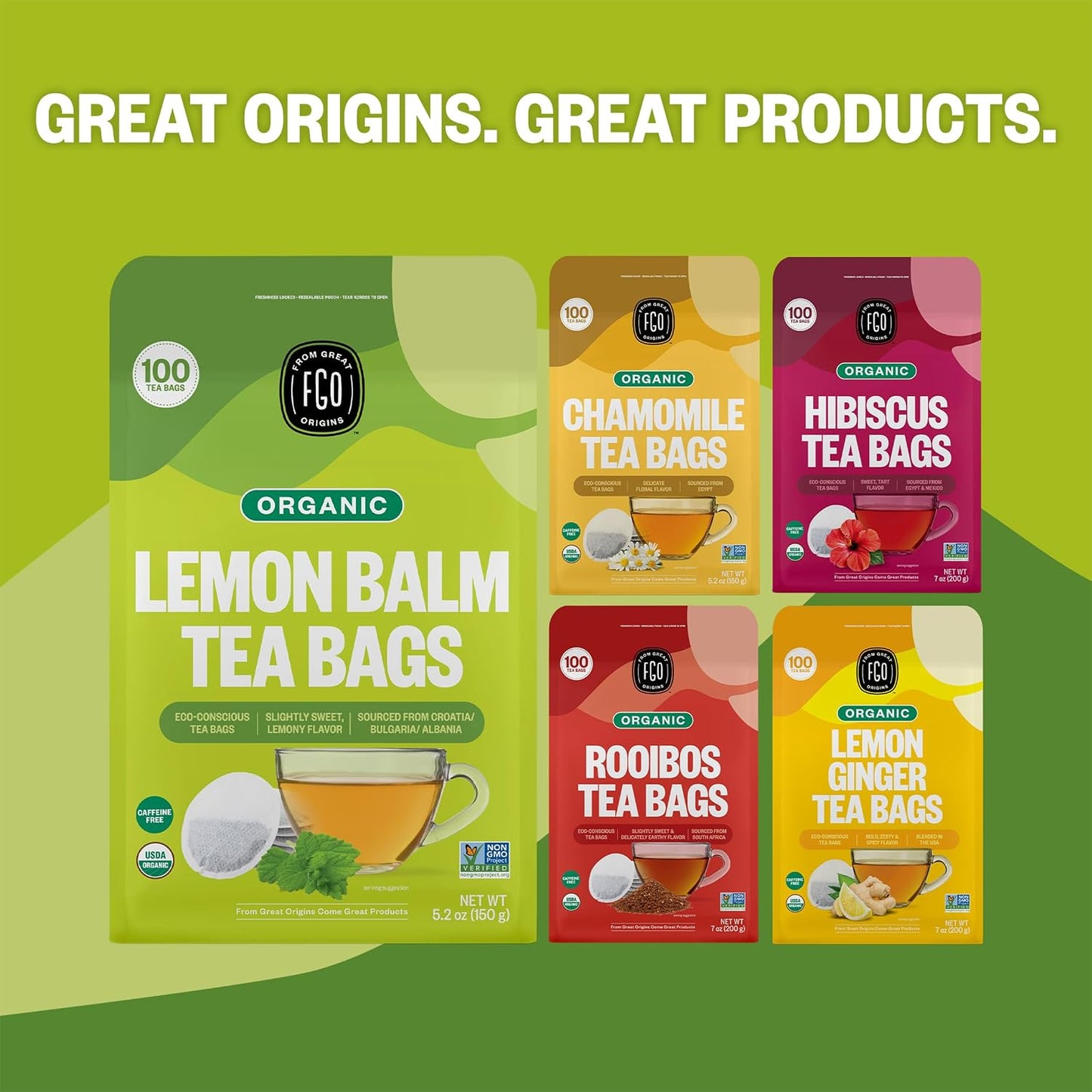 FGO Organic Lemon Balm Tea, 100 Count, Eco-Conscious Herbal Tea Bags, Resealable Bag, Caffeine Free, Packaging May Vary (Pack of 1)