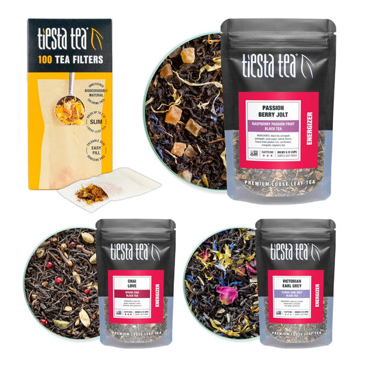 Tiesta Tea - Black Tea Starter Kit, Loose Leaf, Premium Black Gift Set, High Caffeinated, Make Hot or Iced, Variety Pack with 3 Samplers & 100 Disposable Filters