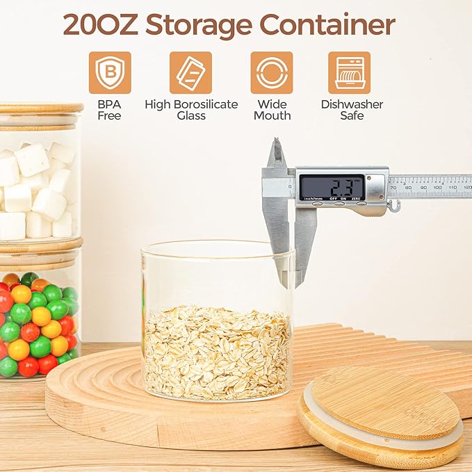 ComSaf Airtight Glass Food Storage Jars Set of 6, 0.6 Qt Clear Glass Food Storage Container with Sealing Wooden Lid, Stackable Spice Jar