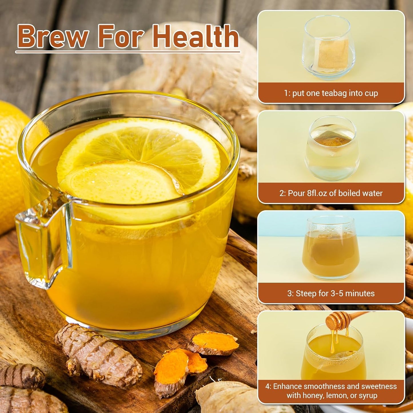 Turmeric Ginger Cinnamon Tea Bag, Natural Ginger Turmeric Herbal Blend Tea | for Promoting Digestion, Boosts Immunity, Caffeine-Free, No Additives (120 Bags/1 Pack)