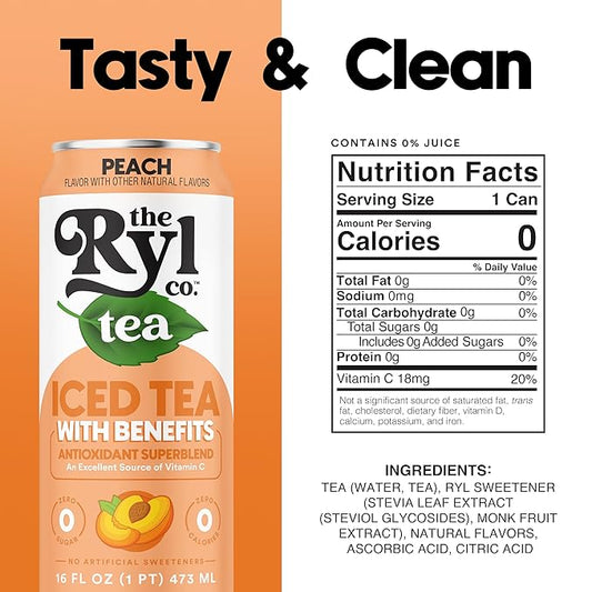 Ryl Iced Tea, Peach, Antioxidant Superblend, Zero Sugar, Low Carb, Zero Calorie Iced Tea, 16.0 Fl Oz (12-Pack)