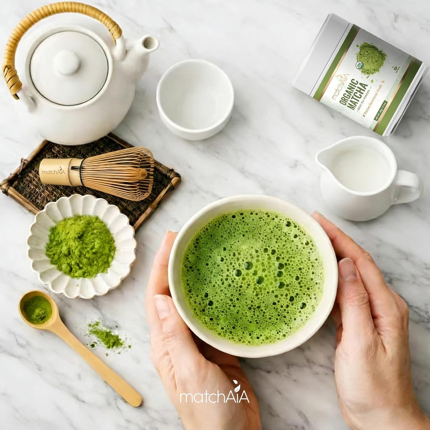 MatchAiA Organic Matcha Powder, Premium Ceremonial Grade, 60g/2.1oz Tin | 100% pure green tea matcha, first spring harvest, certified organic, sugar free, gluten free, vegan, tea ceremonies & lattes