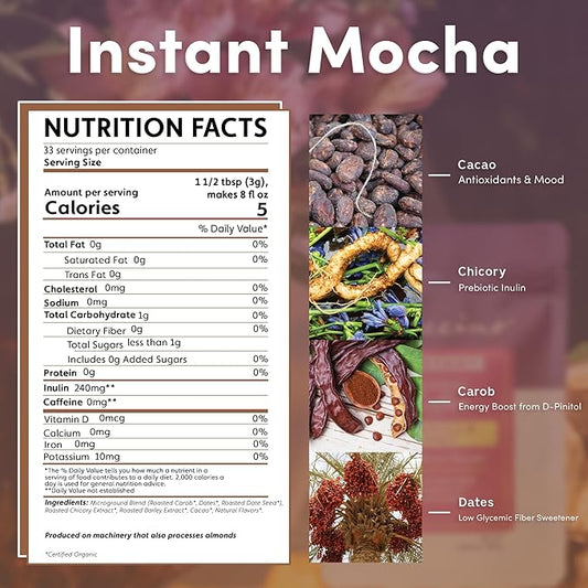 Teeccino Instant Organic Mocha Herbal Coffee– 33 servings – Instant Chicory Coffee Alternative with Lush Chocolate Slightly Sweetened by Dates That’s Prebiotic, Caffeine-Free & Acid Free - 3.53 ounces