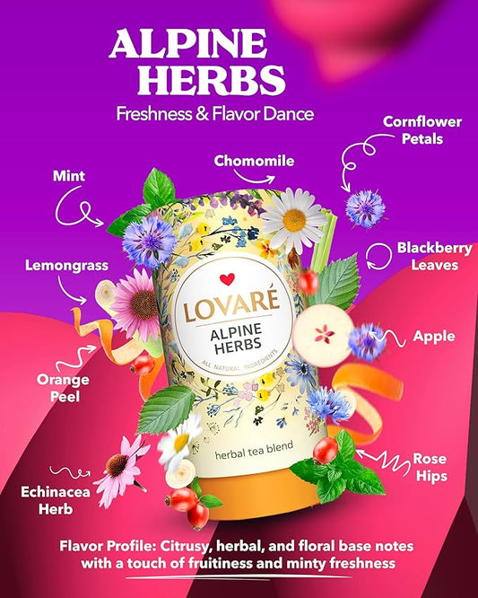 Lovare Alpine Herbs Loose Leaf Tea 80 g - Made in Ukraine – Herbal tea blend, Lemongrass, Chamomile Flowers, Rose Hips, Orange Peel and Blossom