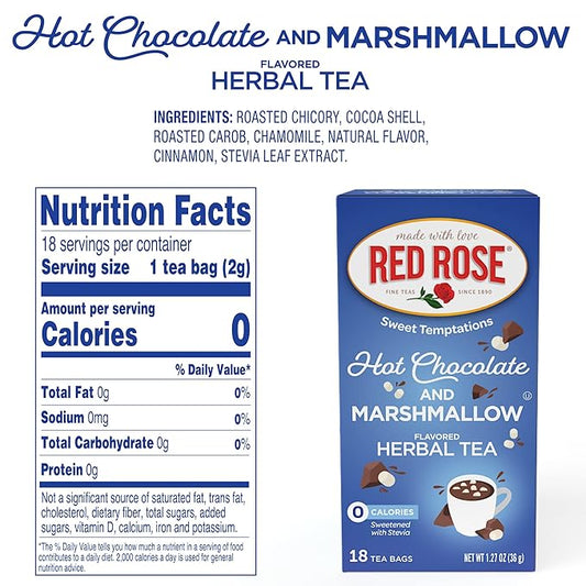 Red Rose Sweet Temptations Dessert Tea Hot Chocolate with Marshmallow, Zero Carbs, Zero Sugar Bursting with Flavor Caffeine-Free Delicious Beverage Herbal Tea, 18 Count Naturally Flavored Herbal Tea Pack of 6
