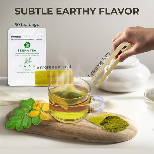 Senna Tea Bags, 55 Count, Bamboo Tong Included, Cleanse Tea, 3.7 oz | Bamboo Tong Included, Natural Senna Leaves, Supports Digestive Comfort & Gentle Cleanse, Slightly Bitter Herbal Tea
