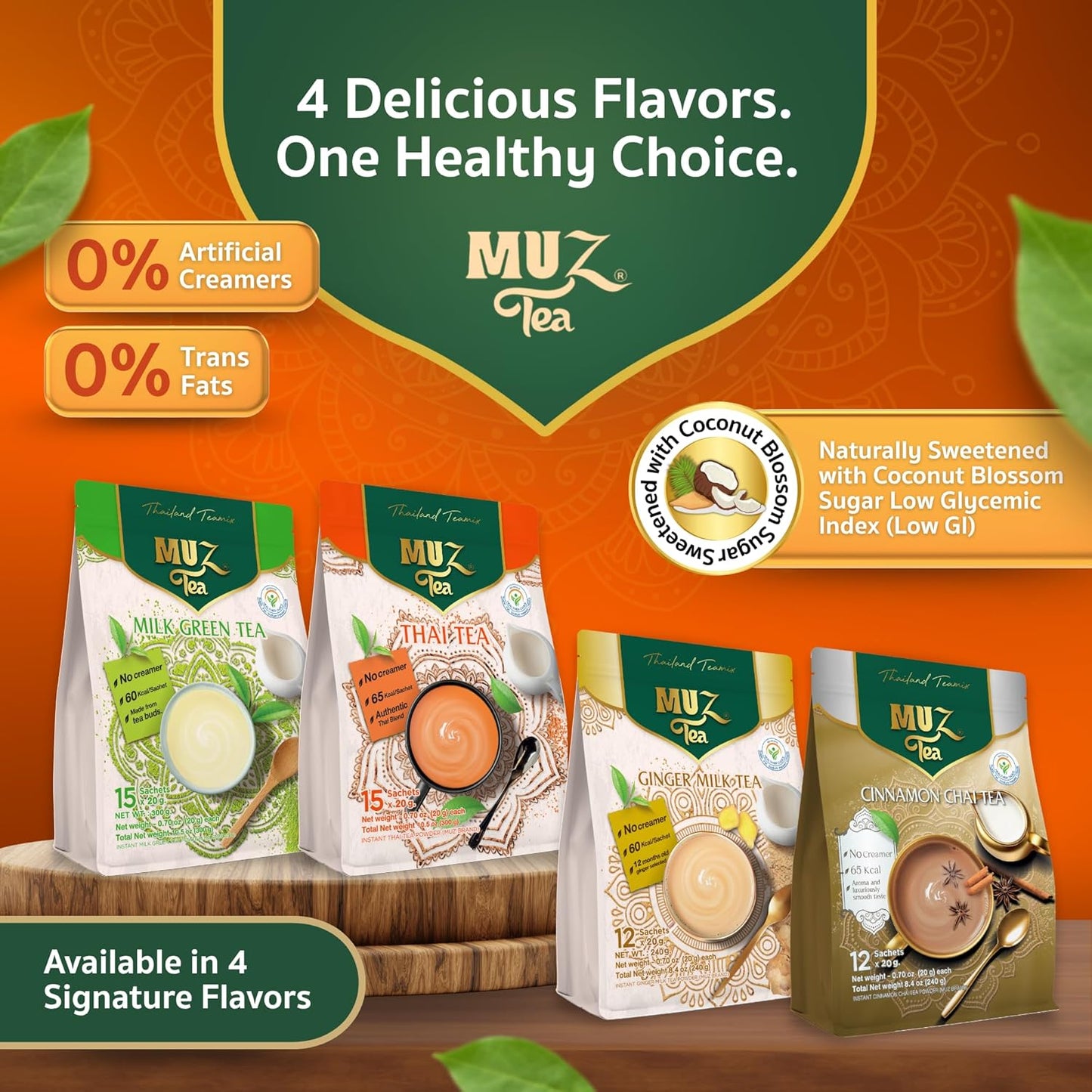 MUZ Tea Premium Instant Thai Tea Mix – Real Milk, No Creamers – Low GI Coconut Blossom Sugar – Only 65 Calories – Thai Tea Powder – Just Add Water – 15 Sachets