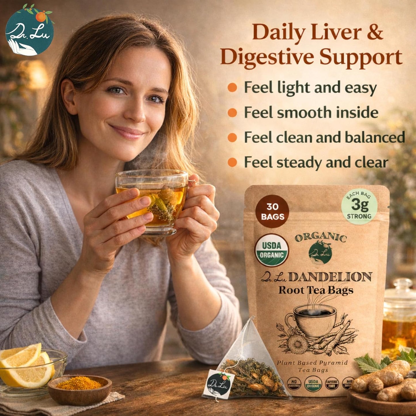 Dr. Lu’s Organic Dandelion Root & Leaf Tea | Wild-Harvested in Eastern Europe | 100% Natural Liver & Detox Support | 30 x 3g High-Intensity Brew Corn Fiber Pyramid Bags (No Plastic, No Nylon)