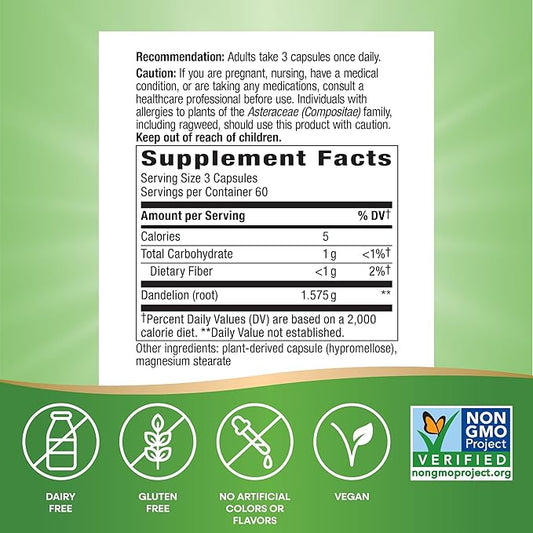 Nature's Way Dandelion Root, Traditional Diuretic Herb*, Traditionally used to Soothe Digestive Upset*, Vegan, 180 Capsules (Packaging May Vary)