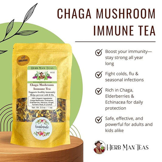 IMMUNE BOOSTING TEA wtih Chaga Mushrooms, Echinacea, Elderberries & Hibiscus - an Organic blend by Master herbalist Khabir - 100% organic, non-GMO, no addatives