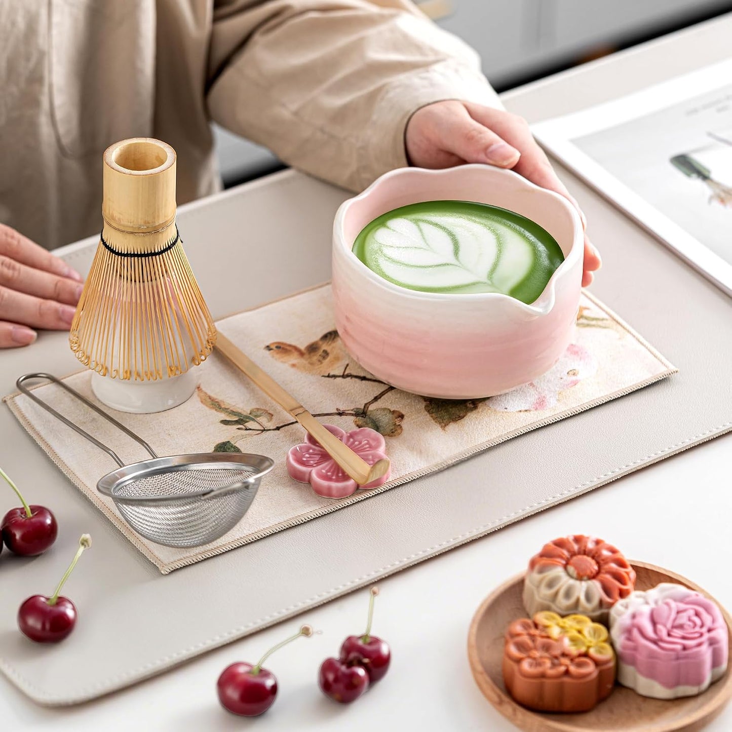 Matcha Whisk Set Ceramic Matcha Set Includes Bowl,Spout Bamboo Chasen Whisk with Ceramic Holder, Matcha Scoop and Stainless Sifter, Matcha Kit Valentine's Day Gifts for Women(7Pcs,Pink)