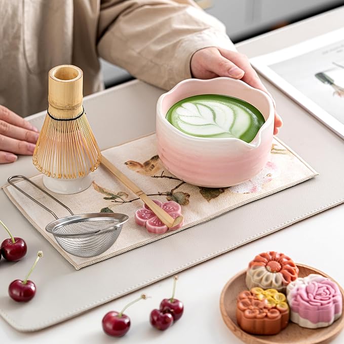 Matcha Whisk Set Ceramic Matcha Set Includes Bowl,Spout Bamboo Chasen Whisk with Ceramic Holder, Matcha Scoop and Stainless Sifter