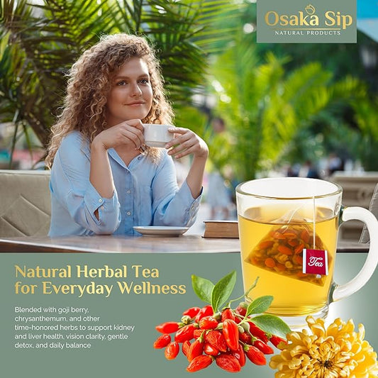 OsakaSip Goji Berry Chrysanthemum Tea Bags - Natural Liver Detox Cleanse Kidney Health - Excellent Chinese Herbal Raw Formula Cassia Seed Dandelion Leaf Gardenia Licorice Orange Peel (150g 15 Bags)