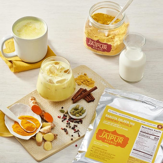 Jaipur Avenue Barista Golden Mix - Turmeric Masala (without Milk) - Vegan, Preservative-Free, Gluten-Free, Dairy- Free, and Authentic Turmeric Masala Chai Tea Latte - 12.7 oz, Makes 32 Cups