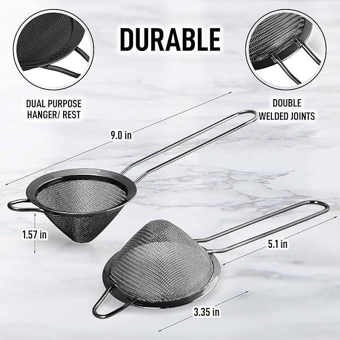 Zulay Kitchen 304 Stainless Steel Fine Mesh Strainer For Kitchen - Sieve Sifters For Food, Tea, Rice, Oil, Noodles, Fruits, Vegetables - Rust-Proof, Easy to Clean Drink Strainer (Black)