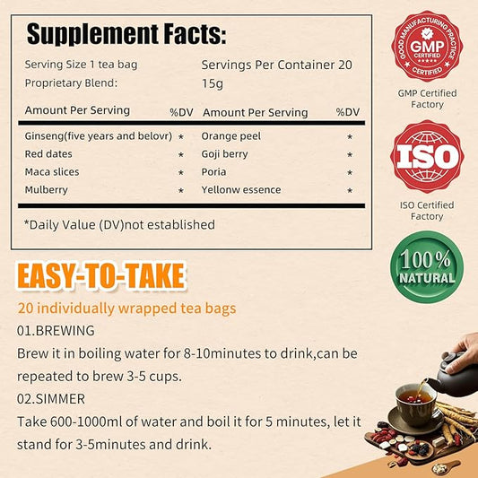 20 Pack Organic Ginseng Kidney Tea-Ginseng Six Treasure tea,Eight Natrual Herbs Blend Mulberry,Wolfberry-Traditional Chinese Herbal Kidney Tea Formula for Men & Women,100% Plant Base(300g/Bag)