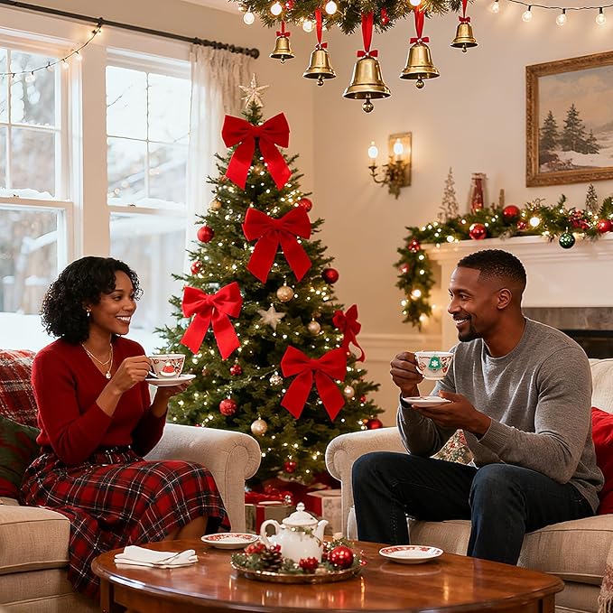 Christmas Themed Tea Infuser Set, 2 PCS Cubic Tea Strainers for Loose Leaf Tea, Reusable Stainless Steel Mesh Tea Ball, Tea Steeper with Red Hat and Green Bell Pendant