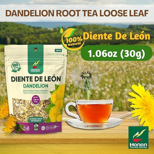 Hanan Dandelion Root Tea Loose Leaf – 100% Natural Diente de León Herbal Tea from Peru, Caffeine-Free Infusion for Digestive Support, Detox, Dried Leaves & Roots for Smooth Flavor, 1.06oz (30g)