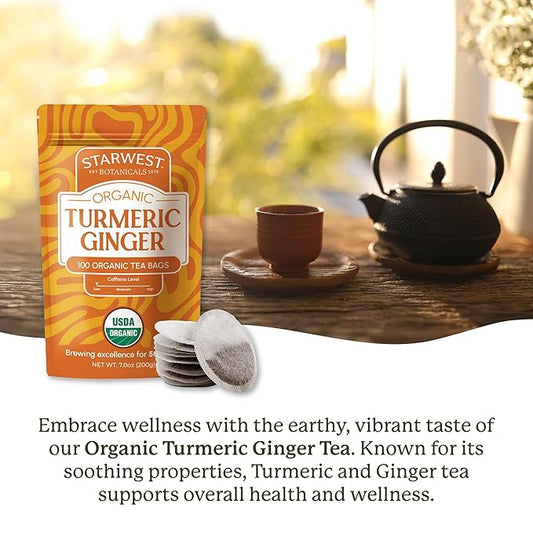 Starwest Botanicals Organic Turmeric Ginger Tea - Caffeine Free Herbal Tea with Turmeric, Cinnamon, & Ginger, Tea with Antioxidant Properties