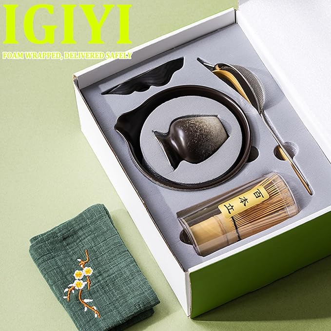 Japanese Matcha Set 7pcs - Ceramic Bowl & Hyaku Hon Tachi Bamboo Whisk (Chasen), Chashaku Spoon, Strainer, Cloth - Traditional Tea Ceremony Kit