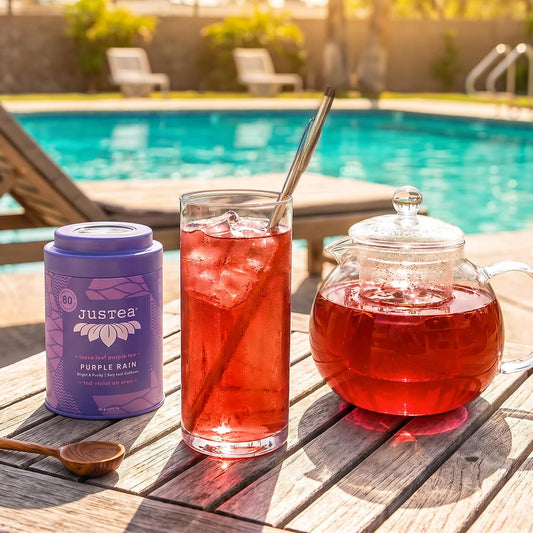 JusTea PURPLE RAIN Loose Purple Tea, 40+ Cups Tin with Spoon, 1/5 Caffeine