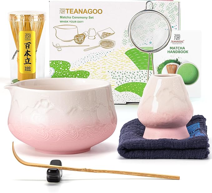 TEANAGOO 7 Pcs Matcha Whisk Set, Pink Matcha Set, Ceremony Matcha Powder Kit,Matcha Tea Set for Maki