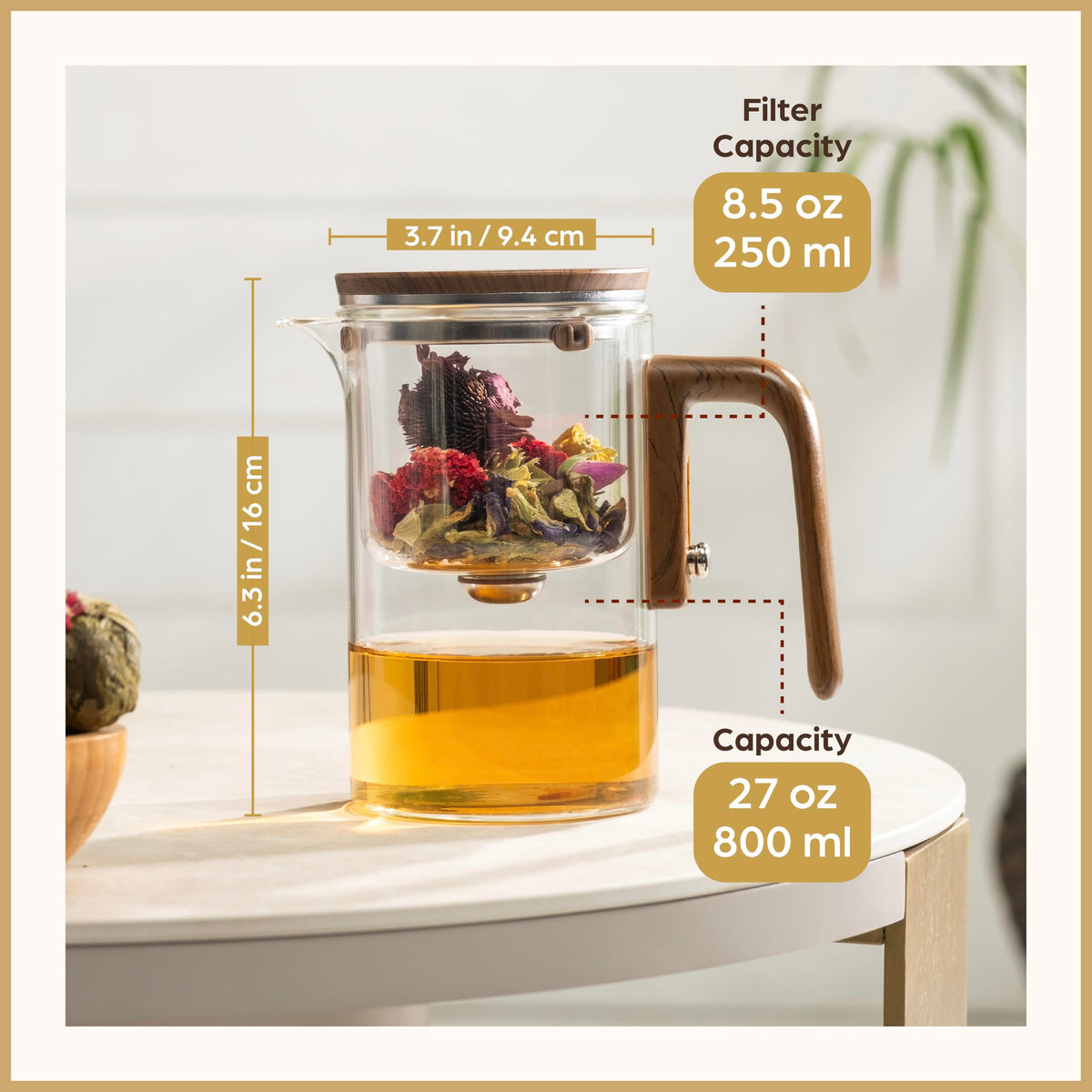 WOLTBLOOM Enchanti Glass Teapot with Infuser - Loose Leaf Tea Pot - 27 oz