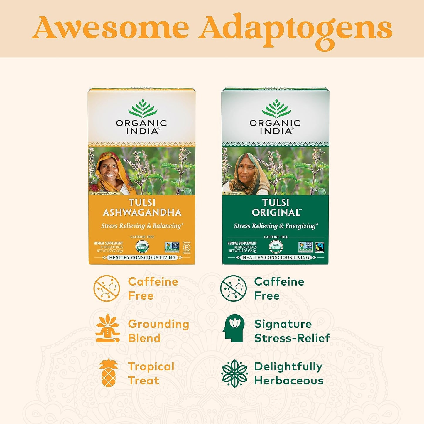 ORGANIC INDIA Calming Tulsi Ashwagandha Herbal Tea - Holy Basil Tea with Ashwagandha Root, Supports Restful Sleep - Adaptogen, Vegan, USDA Certified Organic, Non-GMO - 18 Infusion Bags, 3 Pack | Holy Basil Tea with Ashwagandha Root, Supports Restful Sleep