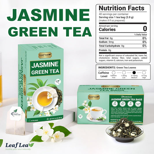 LeafLea Jasmine Green Tea Bags, Light Focus & Daily Balance, 80 Count | Green Tea Naturally Scented With Jasmine, Delicate Floral Taste, Caffeinated, Sugar-Free, Vegan, Individually Wrapped
