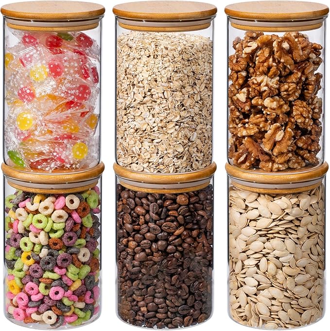 32oz 6PCS Round Airtight Glass Food Storage Jars, Clear Glass Food Storage Container with Bamboo Lid