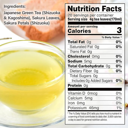 Chaganju Sakura Floral Green Tea - Japanese Loose Leaf With Sakura Petals, 2.82oz (80g)