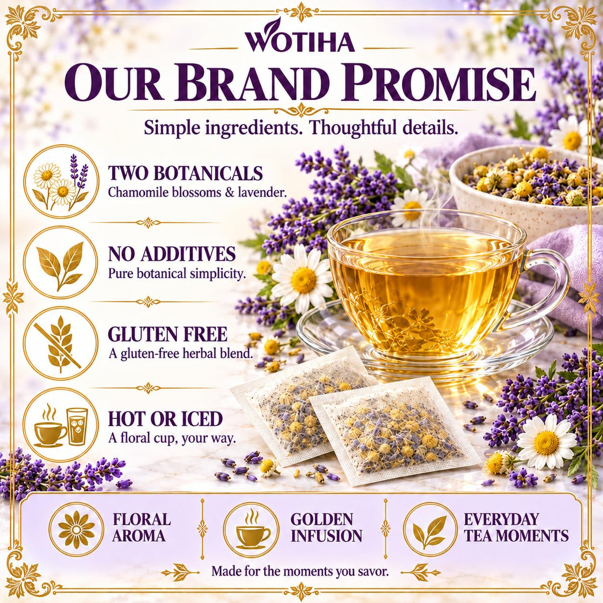 WOTIHA Chamomile Lavender Tea Bags, 60 Count, Caffeine-Free Herbal Tea