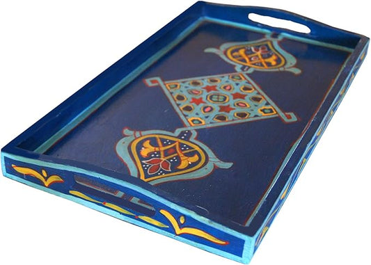 Handmade Moroccan Wood Tray Serving Painted Decorative with Handle for Tea Coffee Breakfast in Bed