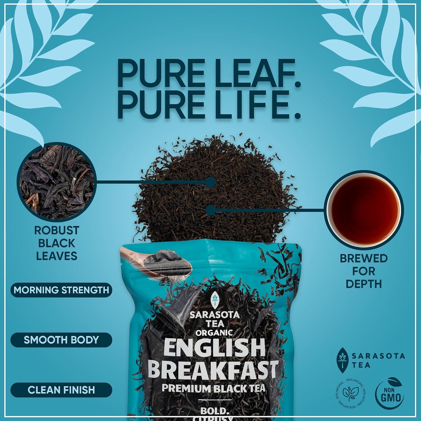 USDA Organic English Breakfast Black Tea, Loose Leaf, 1 lb (16 oz) | Robust malty flavor, strong breakfast tea, high caffeine, bulk loose leaf, resealable bag, hot or iced tea