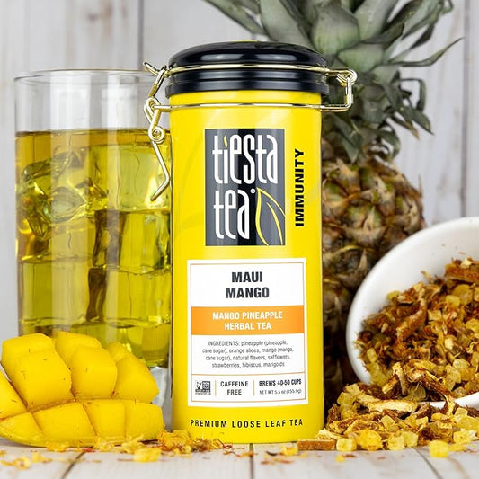 Tiesta Tea - Maui Mango Tin & Infuser Starter Set, Loose Leaf, Premium Herbal Blend, Non-Caffeinated Hot & Iced, 6oz Refillable Tin and 16oz Brewmaster Coffee Bottom Dispensing Tea Infuser