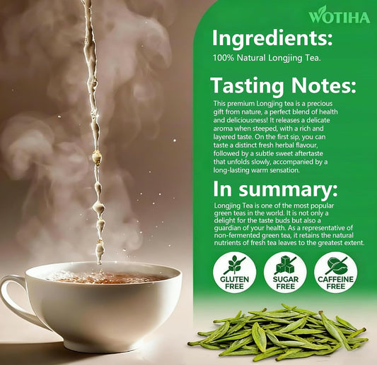 WOTIHA Dragonwell Longjing Green Tea Bags (100 Count) - Premium Spring Harvest Chinese Green Tea - Toasty Nutty Flavor, Rich in Antioxidants - Non-GMO, Caffeine-Free - 8.8oz (250g) Value Pack