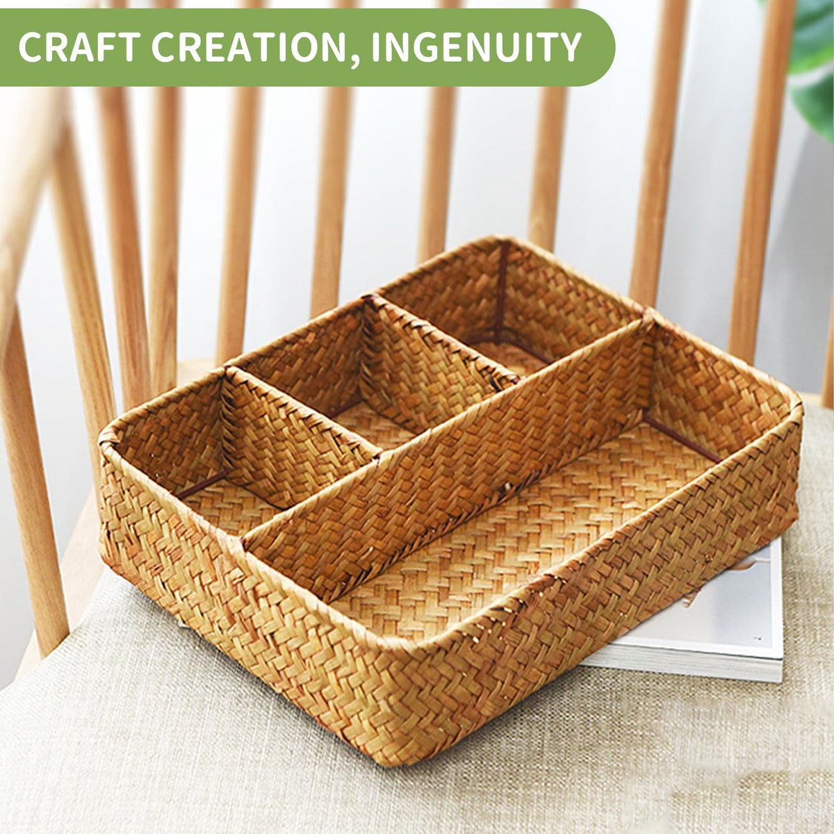 Nonam Large 4-Section Seagrass Tea Bag Organizer,Divided Basket,Natural