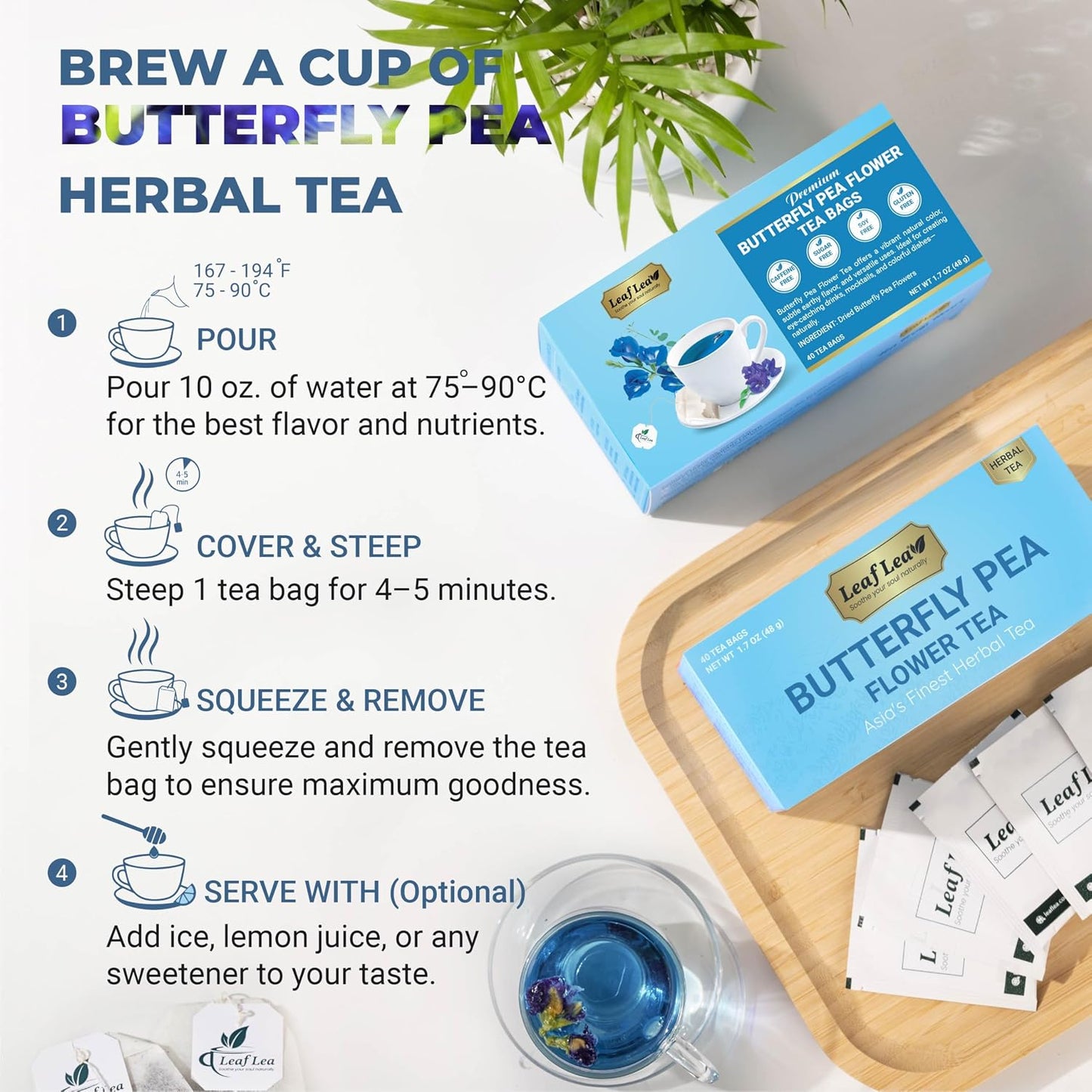 LeafLea Butterfly Pea Tea Bags, 100% Butterfly Pea Flowers, 80 Count