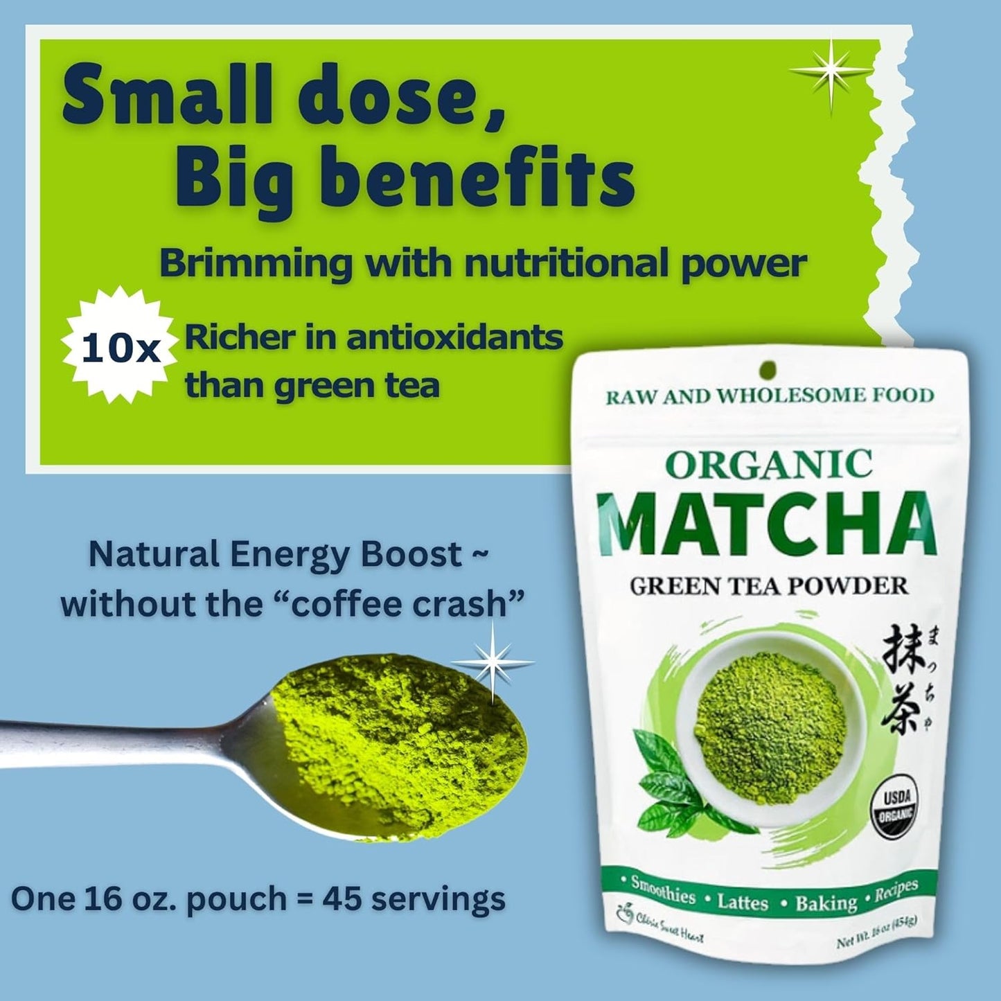 Cherie Sweet Heart Organic Matcha Green Tea Powder - Premium Culinary Grade, Authentic Japanese Origin, Antioxidant-Rich, Gluten-Free, Vegan – Perfect for Lattes, Cooking, Baking & Smoothies – 16oz Resealable Bag