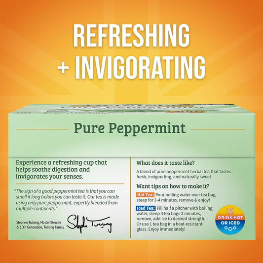 Twinings Pure Peppermint Caffeine-Free Tea Bags, 50 CT Box (6 Pack) | Fresh Minty Flavour, Soothes Digestion, Naturally Caffeine-Free, 300 Foil Lined Individually Wrapped Bags, Enjoy Hot or Iced