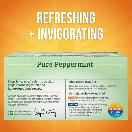 Twinings Pure Peppermint Herbal Tea Individually Wrapped Bags, 50 Count (Pack of 6), Fresh Minty Flavour, Naturally Caffeine-Free, Enjoy Hot or Iced, 300 Teabags