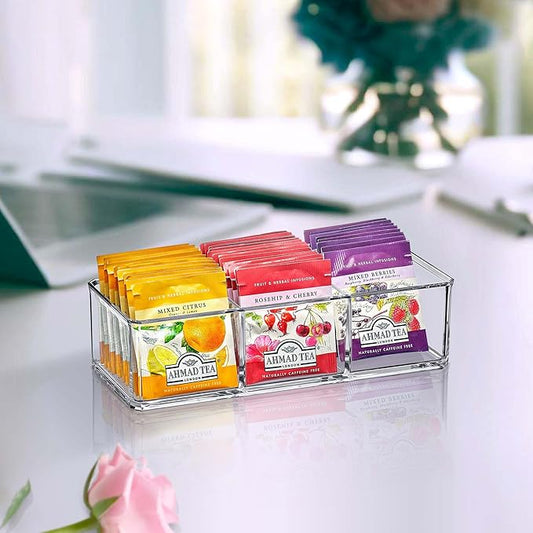 Amazing Abby - SereniTEA - 2-Pack Acrylic 3-Compartment Tea Bag Organizer, Clear Plastic Tea Box, 3-Slot Tea Chest, Perfect Tea Storage Solution for Kitchen Cabinet, Countertop, Pantry, and More