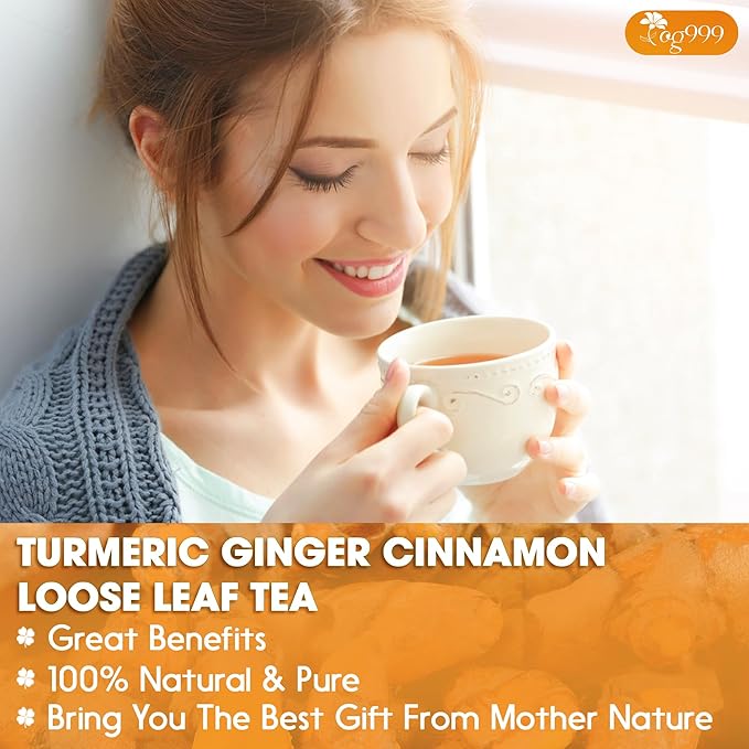 TOG999, Premium 6oz/100 cups Ginger Turmeric Cinnamon Loose Leaf Herbal Tea. Improve Digestion, Support Brain, Weight, Skin and Sleep. Premium Quality Spiced Blend. No Sugar, No Caffeine, No Gluten, Vegan.